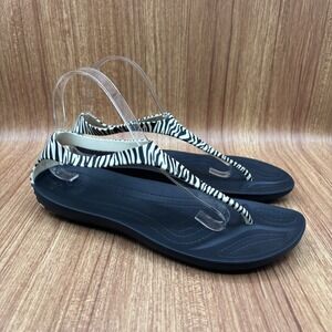 Crocs Sexi Flip Sandals Womens 10 Black Zebra Print Animal T-Strap Flat EUC RARE
